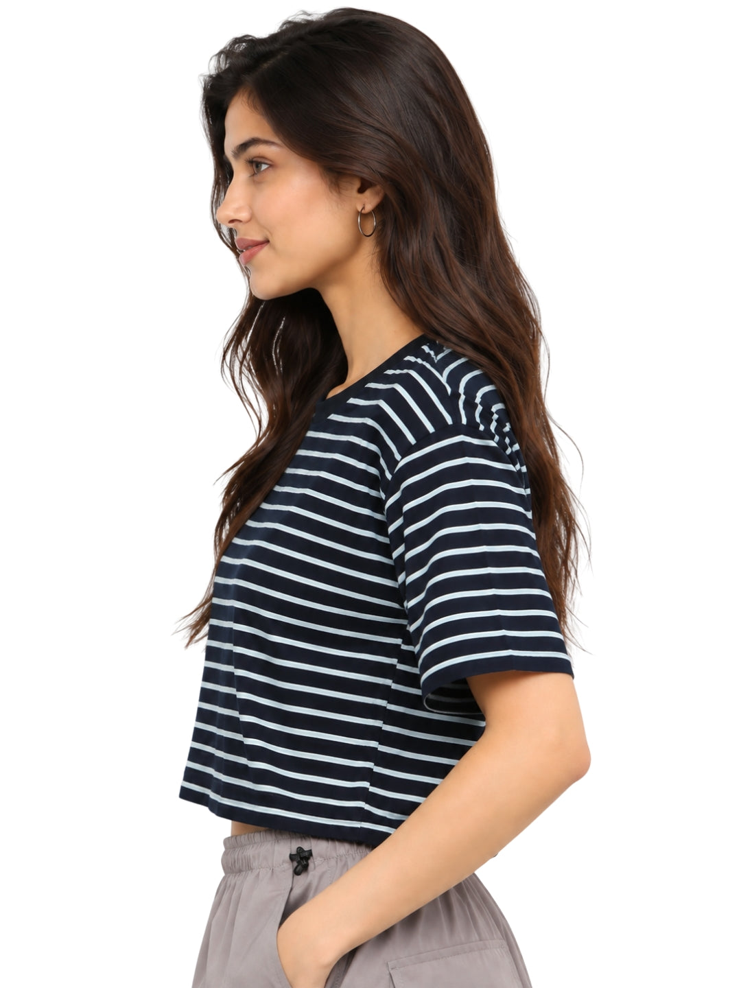 Women’s Navy Blue and White Striped Cotton Cropped T-Shirt with Crew Neck