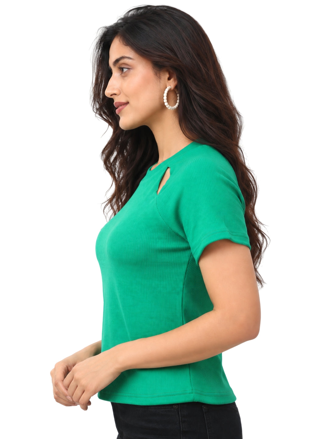 Living CO Women Teal Green Ribbed Round Neck Short Sleeves Stitched Casual Top