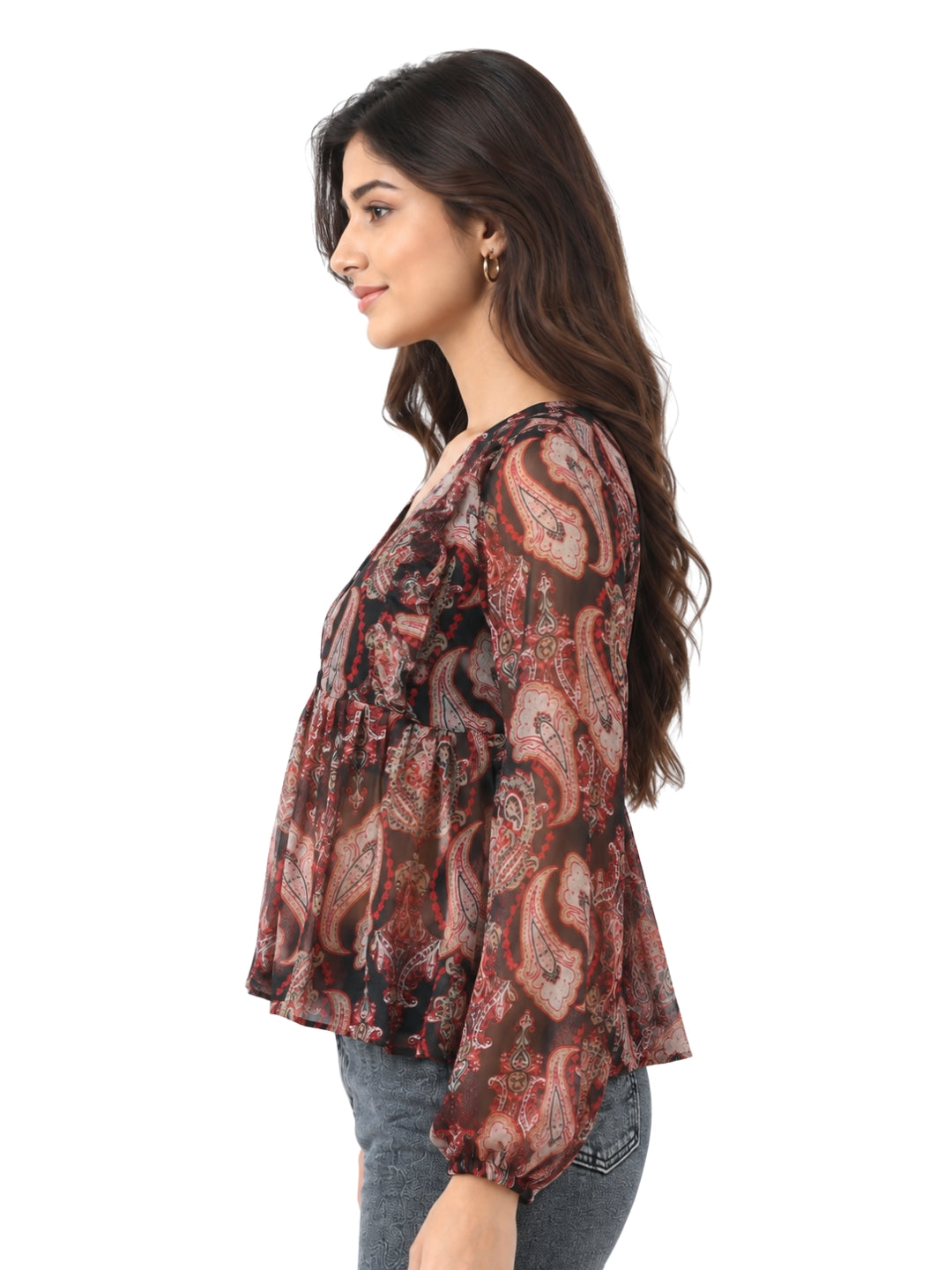 Living CO Women Black Red Paisley Viscose Georgette V Neck Long Sleeves Peplum Top