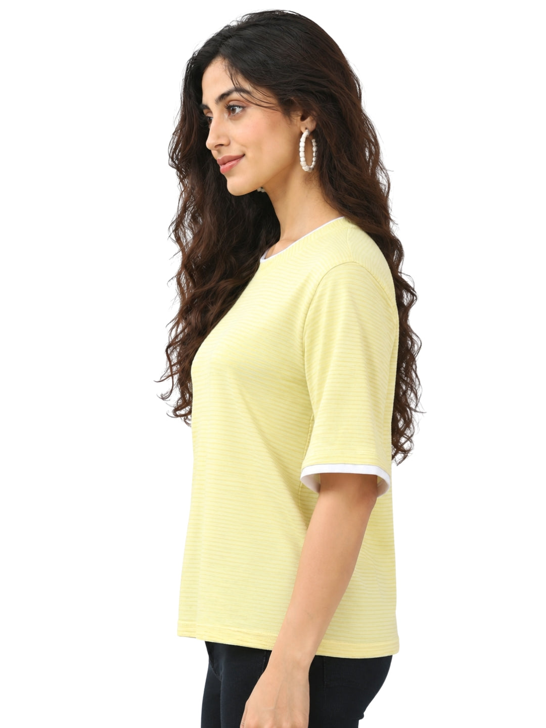 Living CO Women Light Yellow Cotton Oversized Half Sleeves Round Neck Stitched Jersey T-Shirt