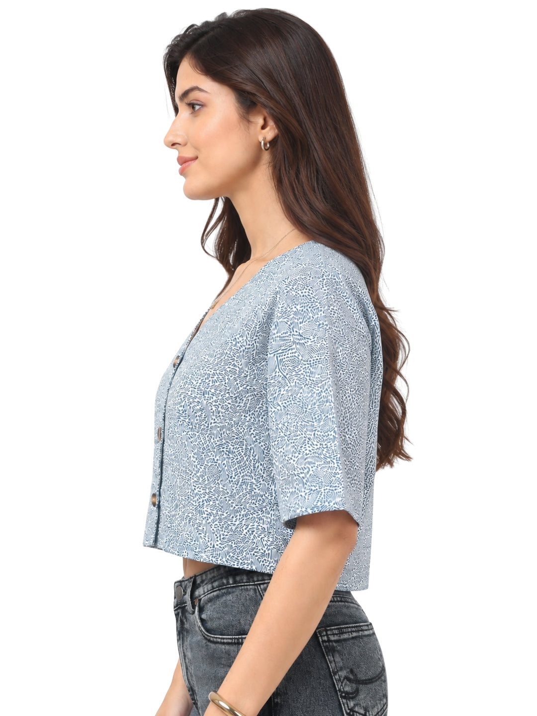 Women’s Blue Printed Cotton Poplin Cropped Top
