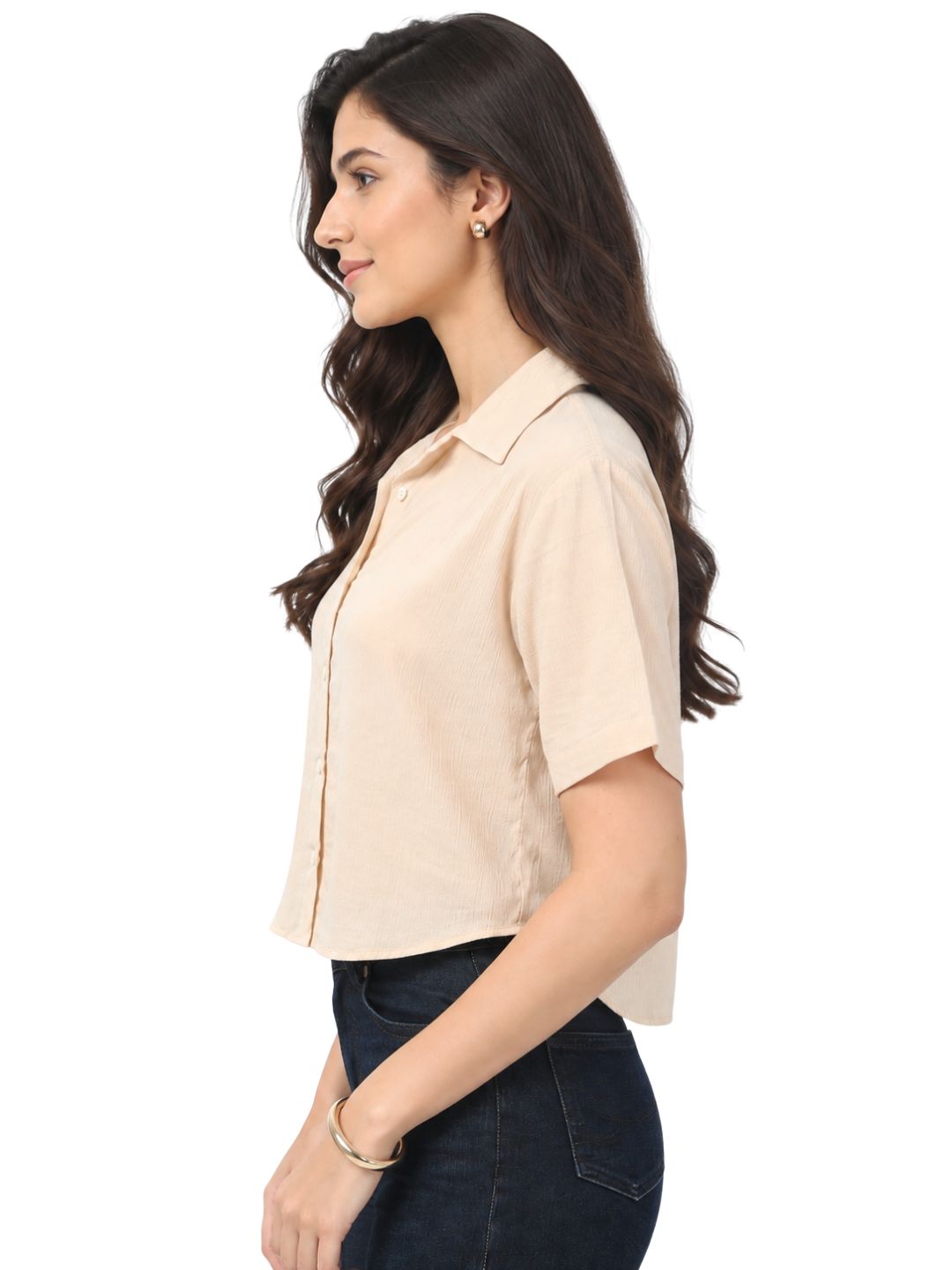Women’s Beige Cotton Crepe Cropped Collared Shirt