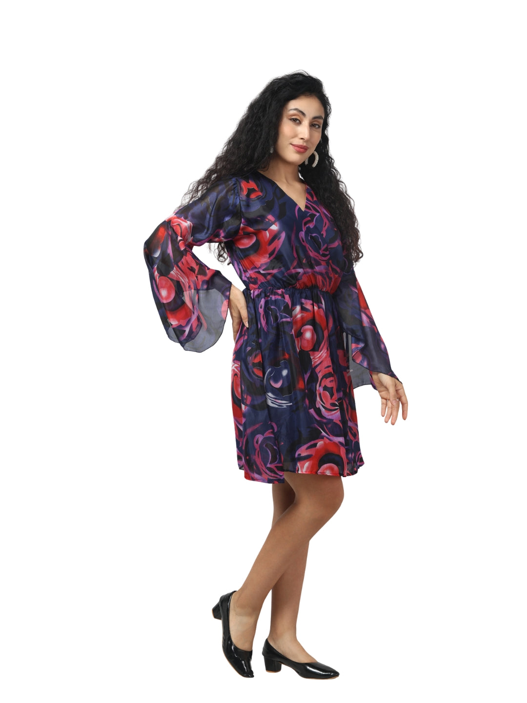 Living CO Women Multicolor Georgette V Neck Flared Sleeves Stitched Printed Knee Length One Piece Dress