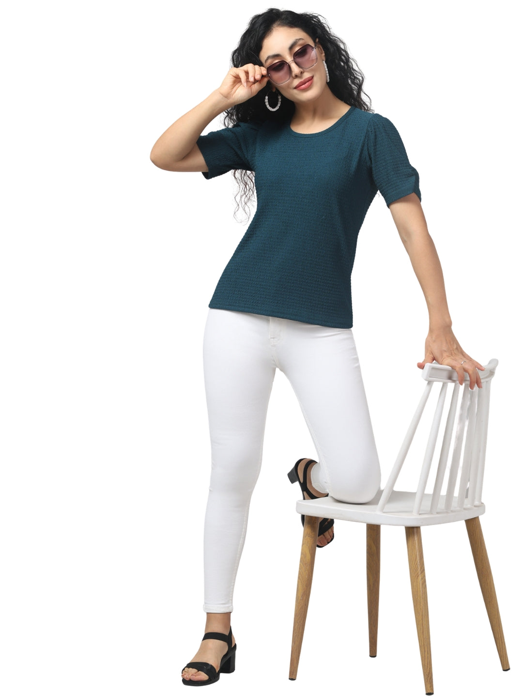 Women’s Dark Teal Cotton Blend Textured Top