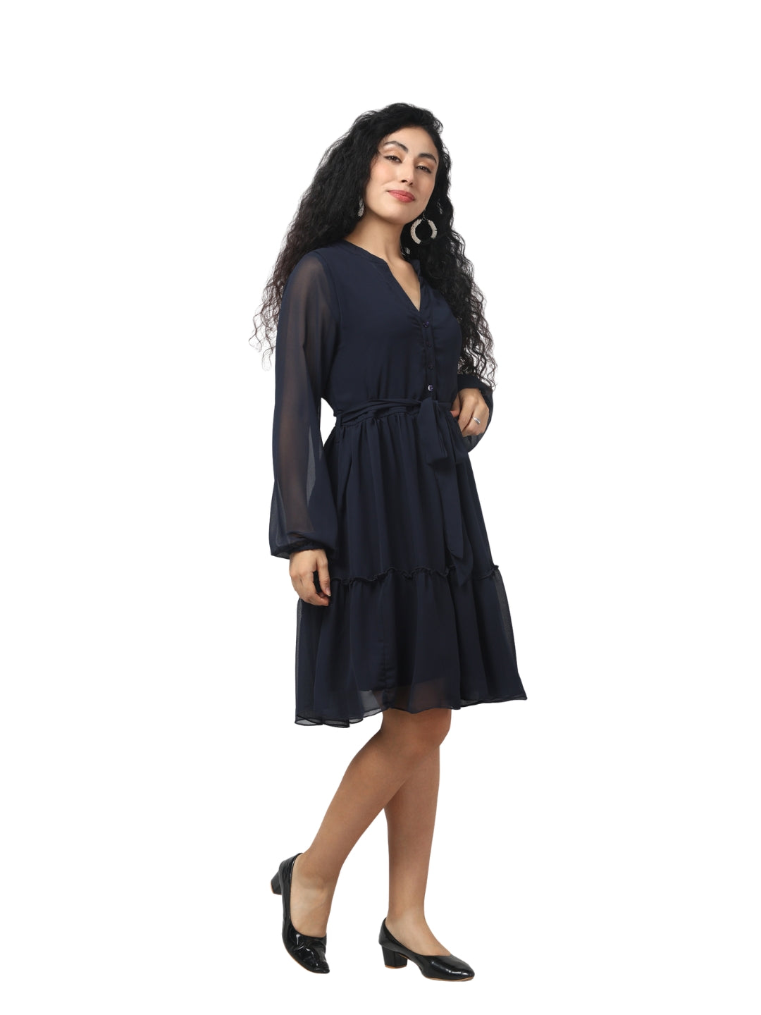 Living CO Women Black Georgette V Neck Long Bell Sleeves Tiered Stitched Knee Length Dress