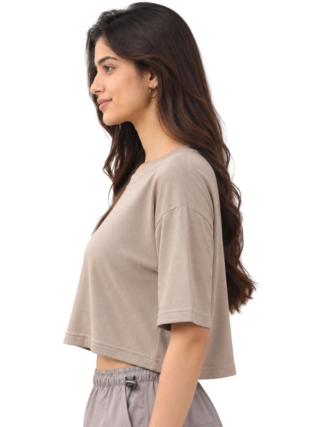 Women’s Beige Cotton Cropped T-Shirt with Crew Neck and Short Sleeves Casual