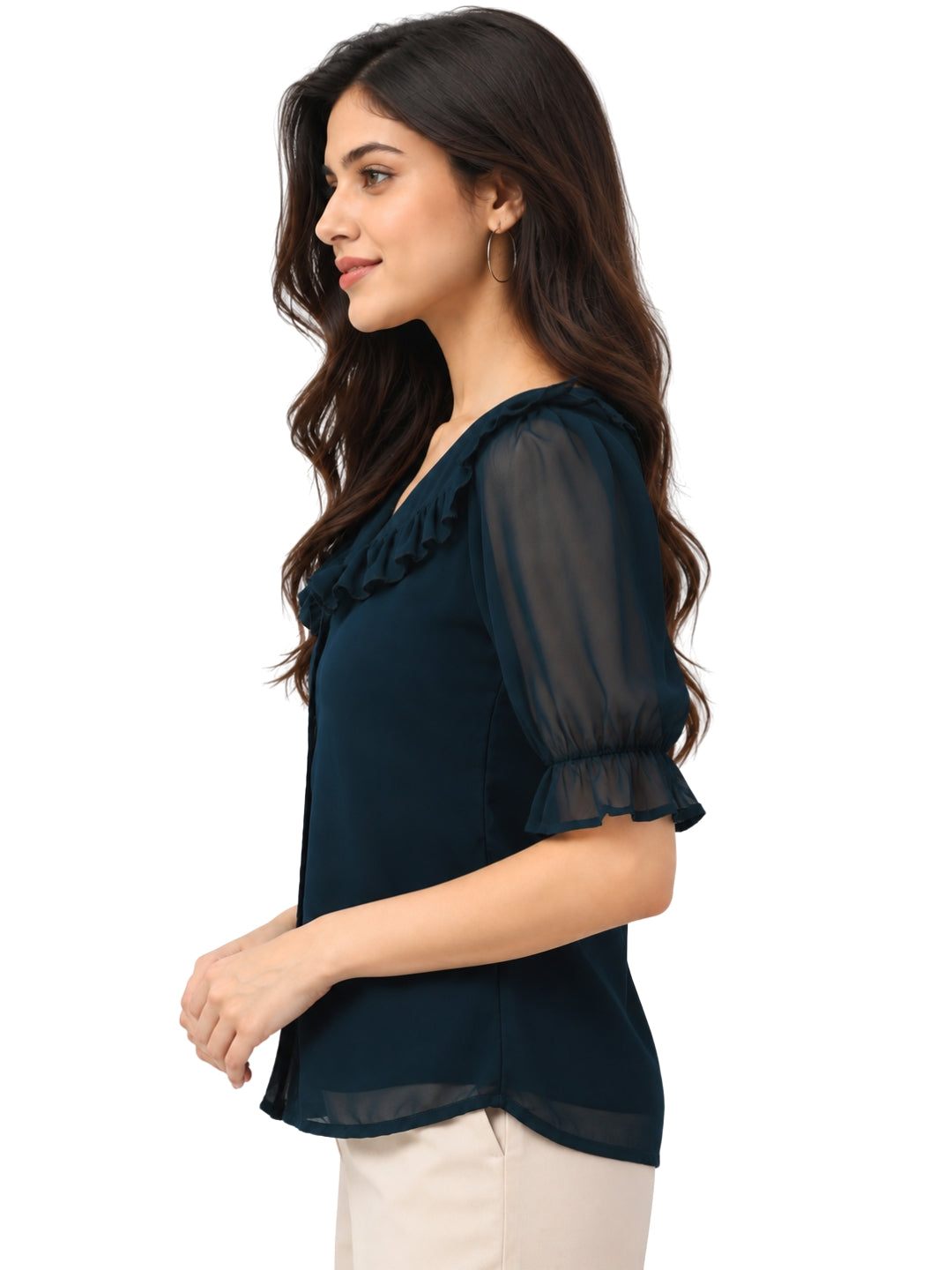 Women's Teal Blue Ruffled V-Neck Button-Down Blouse