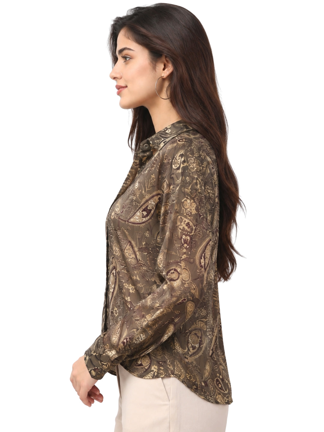 Women’s Brown Paisley Print Full Sleeve Shirt