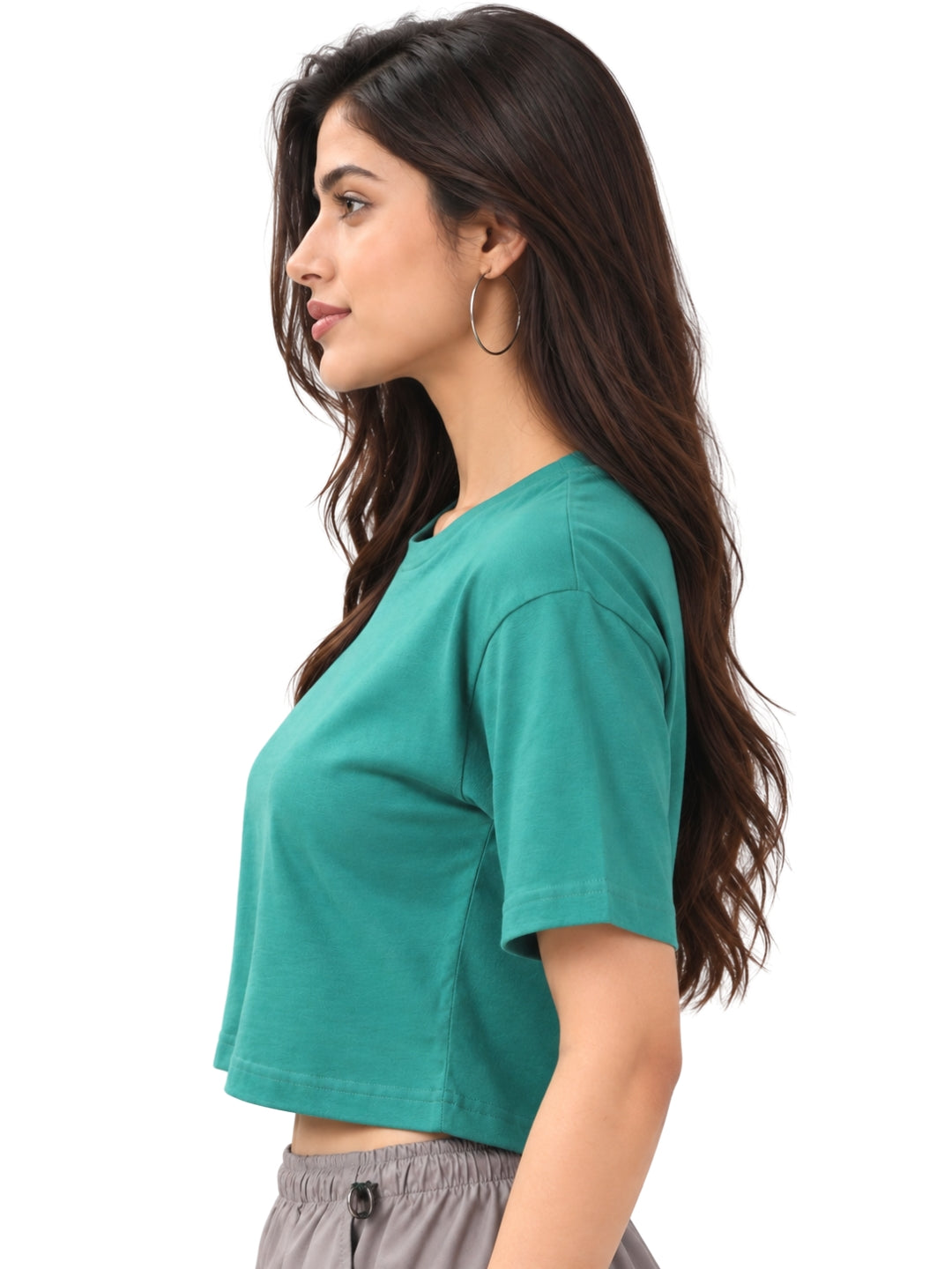 Living CO Women Teal Green Cotton Single Jersey Round Neck Short Sleeves Stitched Crop T-Shirt