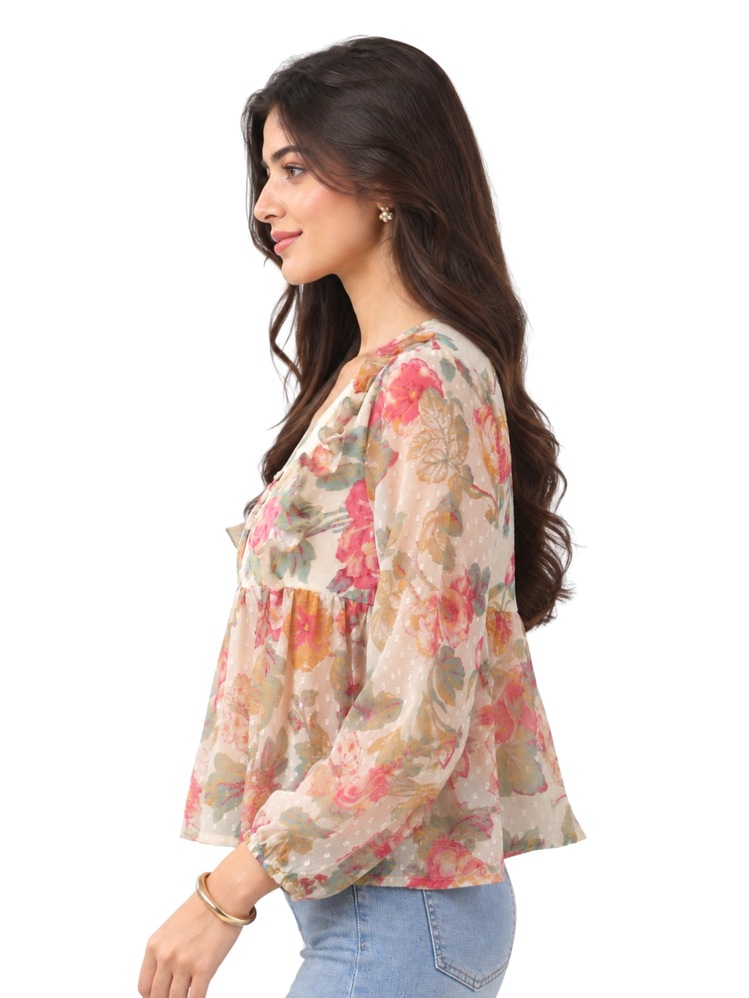 Living CO Women Beige Floral Viscose Chiffon Georgette V Neck Ruffled Peplum Top