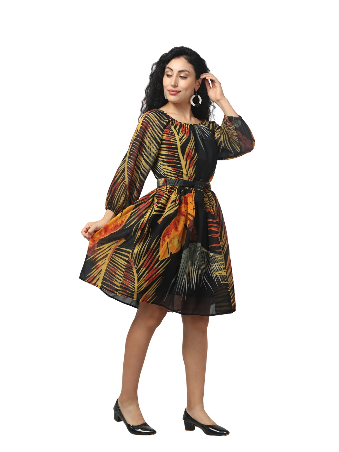 Living CO Women Multicolor Georgette Round Neck Bell Sleeves Stitched Printed Knee Length One Piece Dress