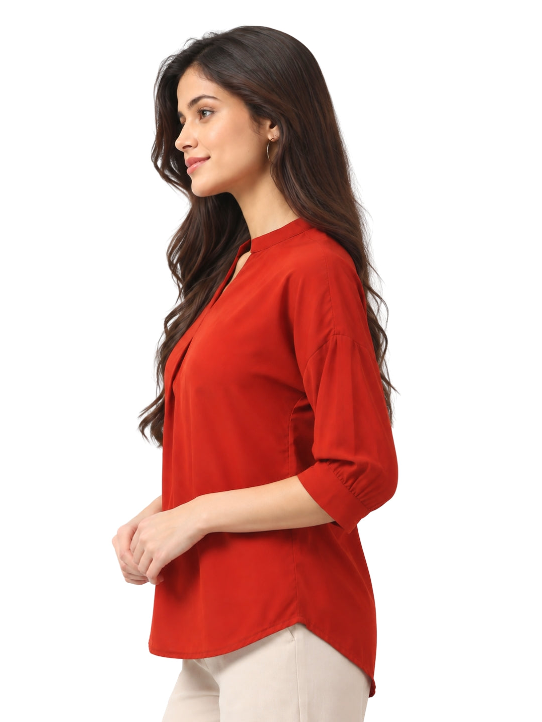 Living CO Women Rust Viscose Blend V Neck Three Quarter Sleeves Stitched Casual Top