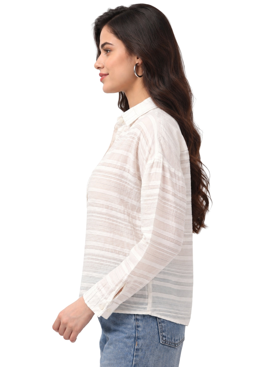 Women’s White Striped Shirt | Full Sleeve Casual Button-Down Top