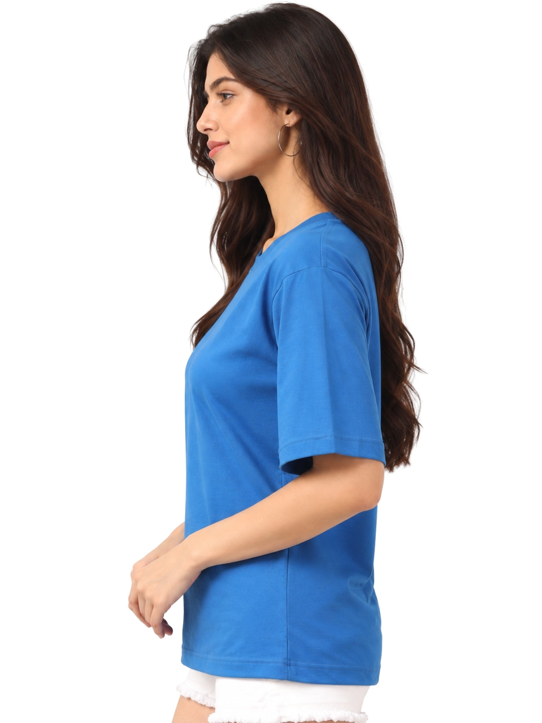 Living CO Women Blue Cotton Round Neck Half Sleeves Stitched Casual T Shirt