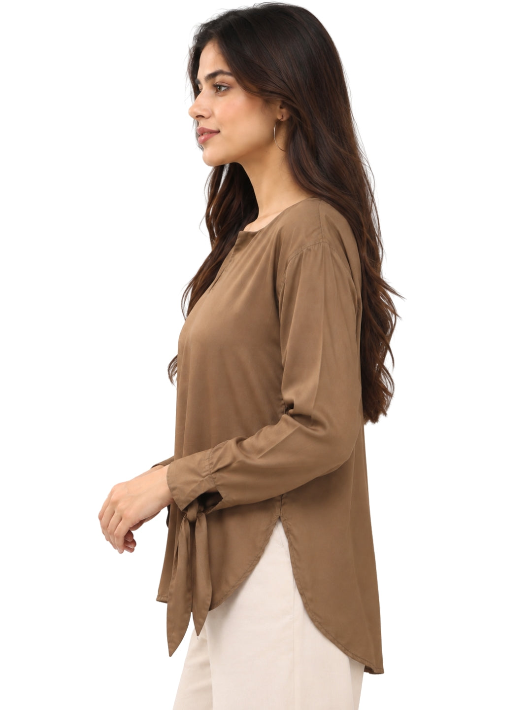 Women's Mocha Brown V-Neck Tunic Top with Tie-Up Cuffs