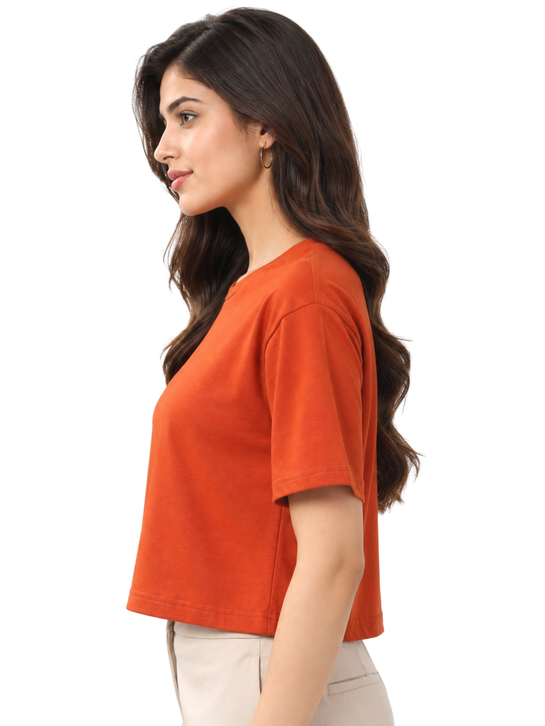 Women’s Rust Cotton Cropped T-Shirt with Crew Neck and Short Sleeves