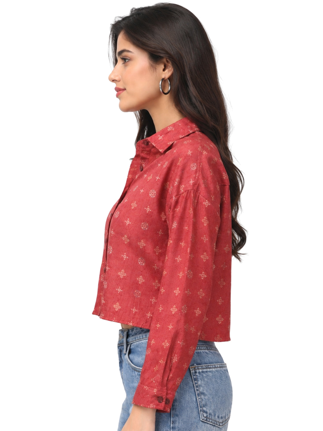 Women’s Red Printed Cropped Shirt | Full Sleeve Button-Down Top