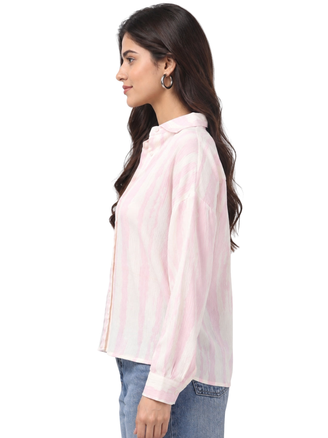 Soft Pink Textured Striped Shirt for Women