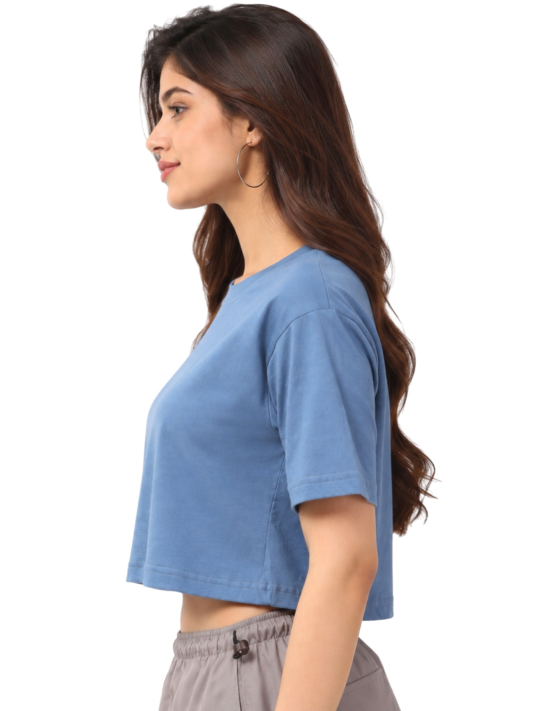 Women’s Light Blue Cotton Cropped T-Shirt with Crew Neck and Short Sleeves