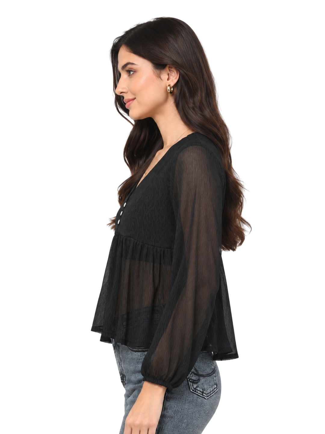 Living CO Women Charcoal Black Viscose Georgette V Neck Long Sleeves Stitched Flared Top