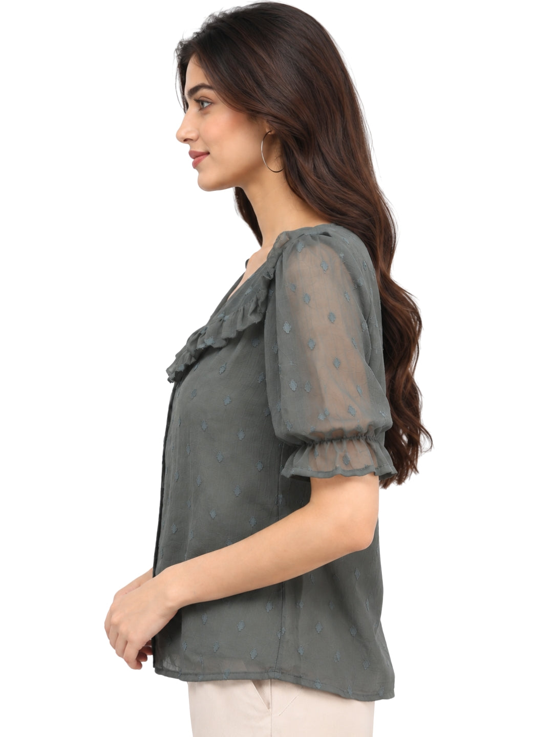 Women’s Elegant Olive Green Ruffled V-Neck Button-Front Sheer Sleeve Casual Top