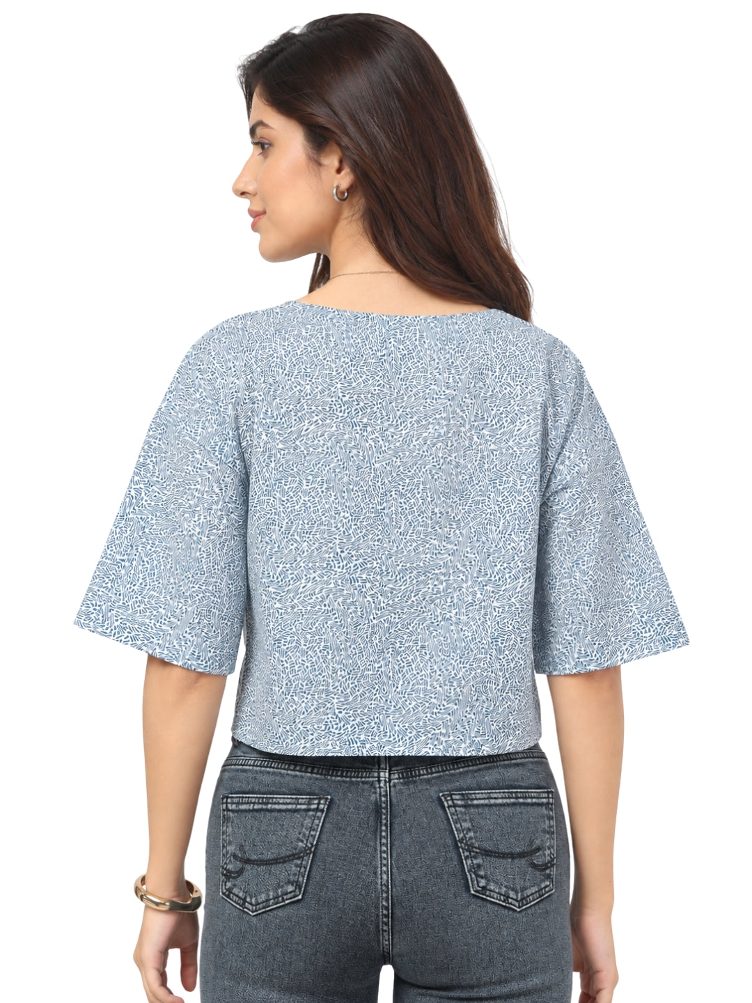 Women’s Blue Printed Cotton Poplin Cropped Top