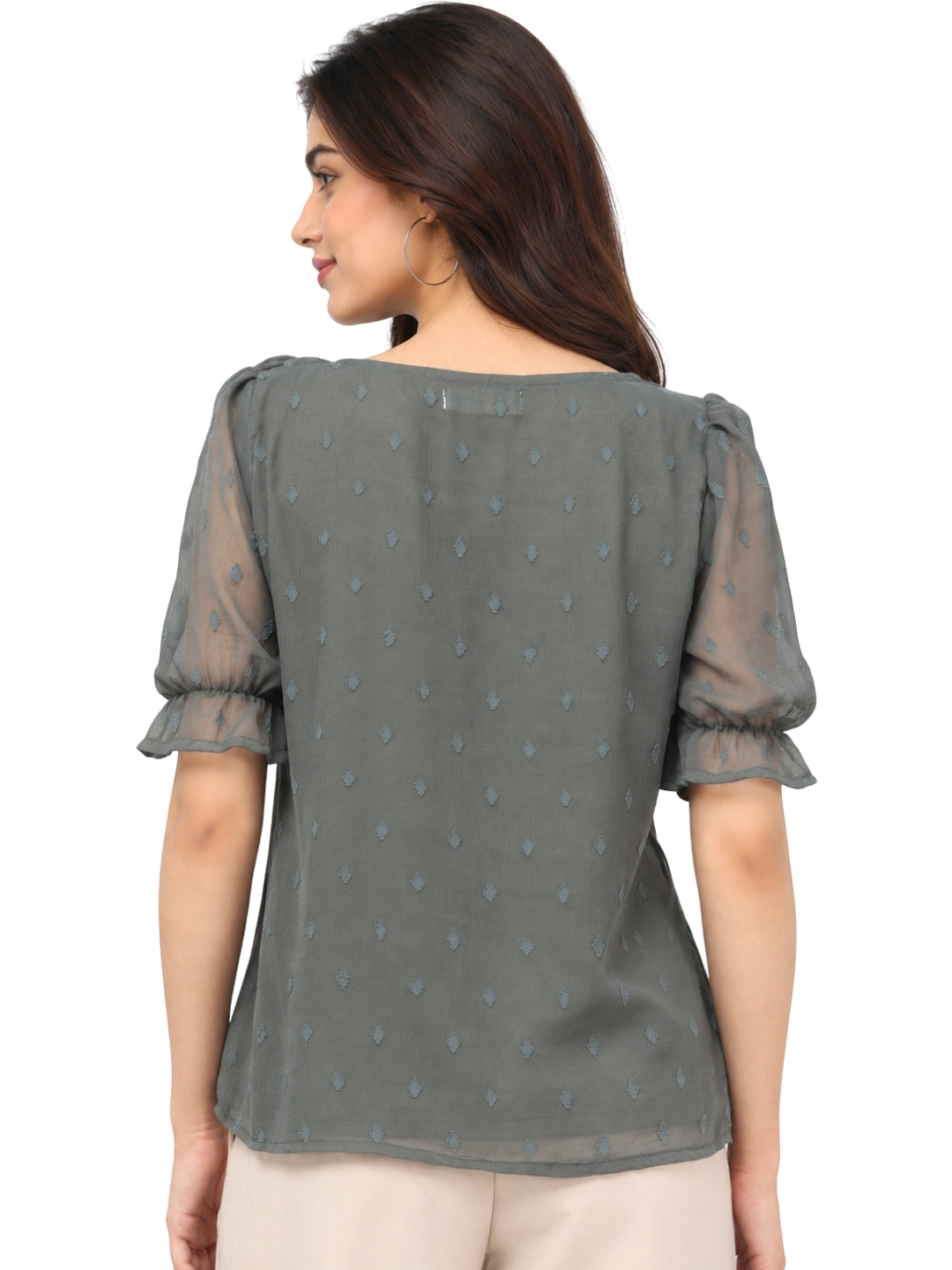 Women’s Elegant Olive Green Ruffled V-Neck Button-Front Sheer Sleeve Casual Top