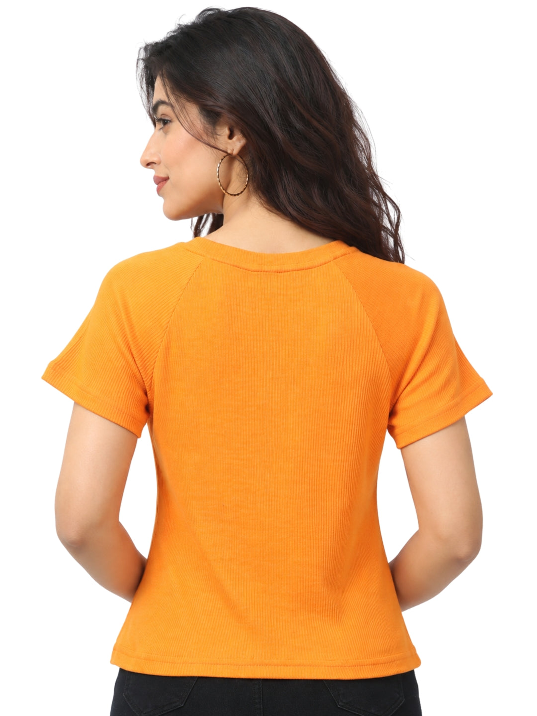Living CO Women Light Yellow Ribbed Round Neck Short Sleeves Stitched Casual Top