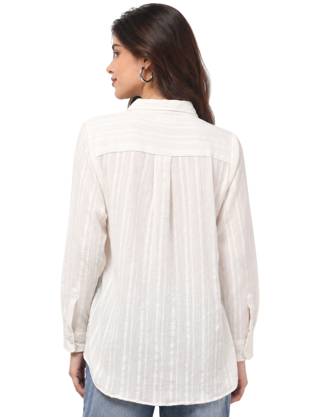 Women’s White Textured Striped Relaxed Fit Shirt