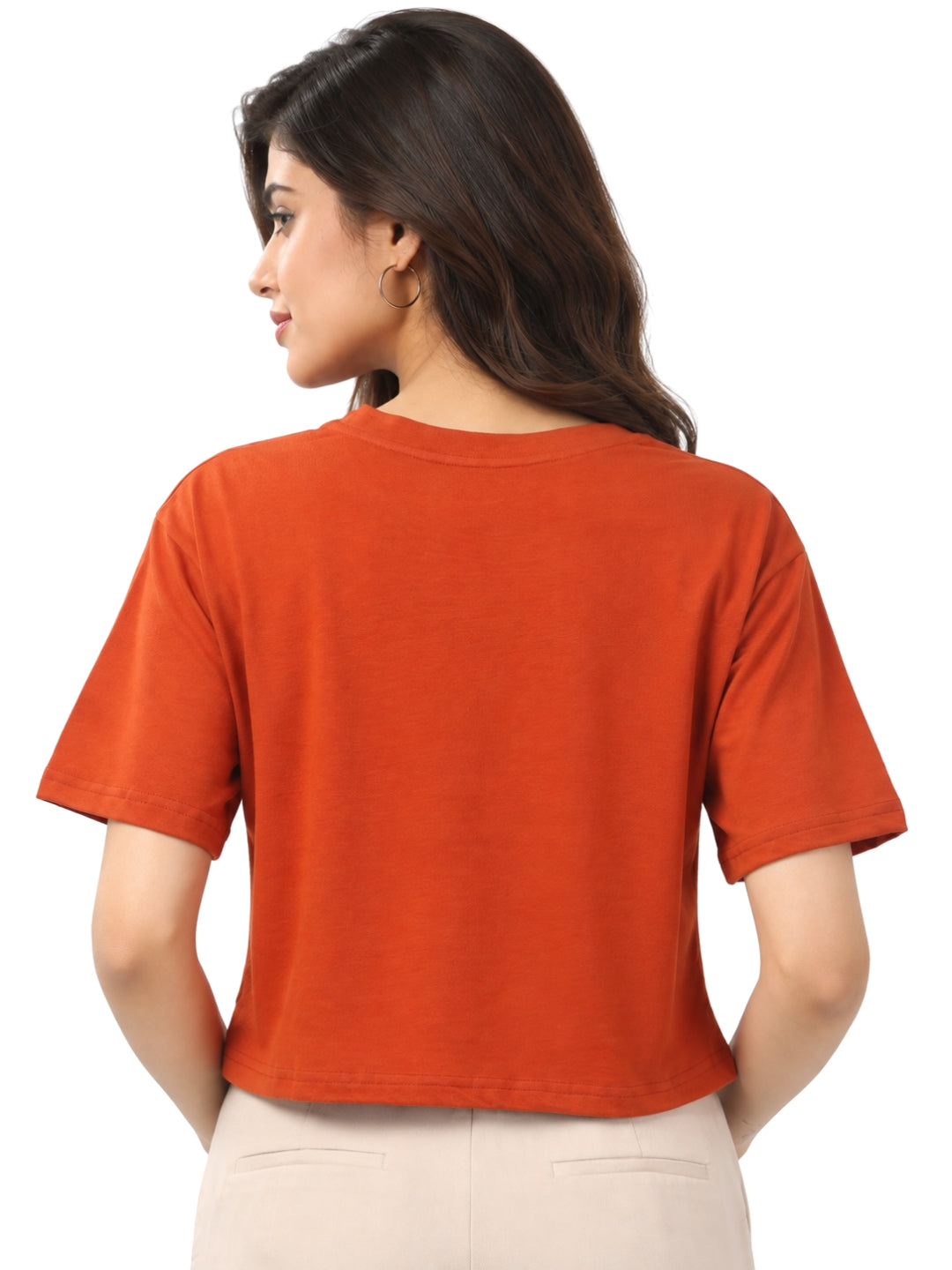 Women’s Rust Cotton Cropped T-Shirt with Crew Neck and Short Sleeves