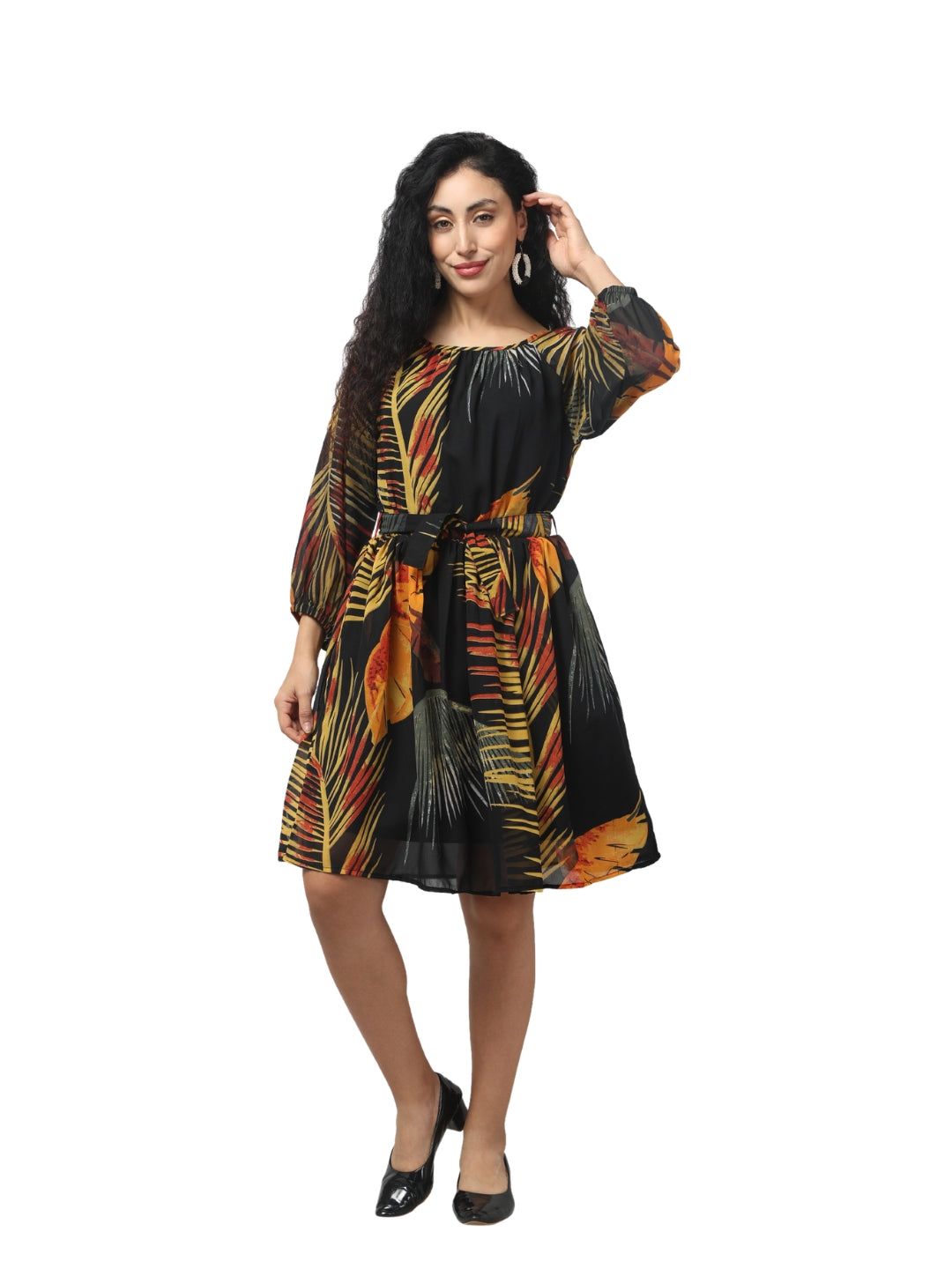 Living CO Women Multicolor Georgette Round Neck Bell Sleeves Stitched Printed Knee Length One Piece Dress