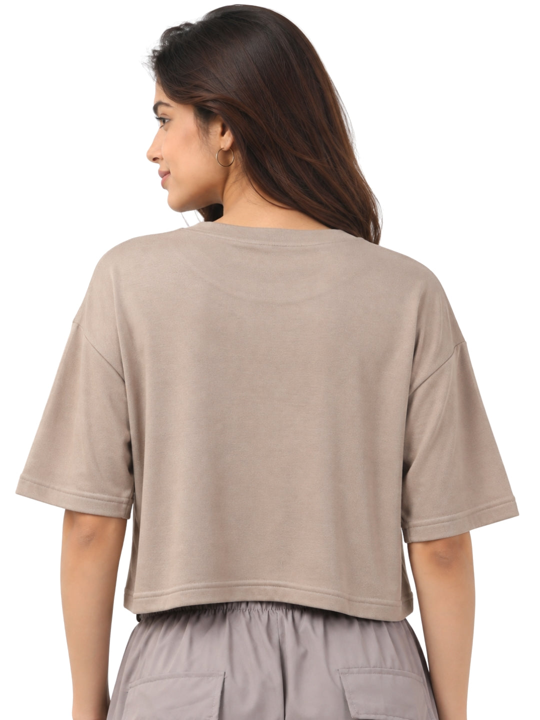 Women’s Beige Cotton Cropped T-Shirt with Crew Neck and Short Sleeves Casual