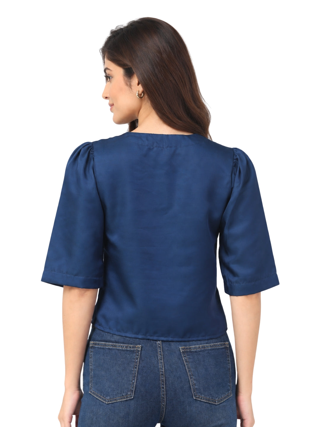 Living CO Women Navy Blue Linen Satin Square Neck Half Sleeves Stitched Korean Top