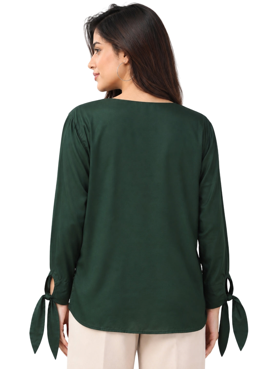 Women’s Dark Green Tie-Sleeve V-Neck Top