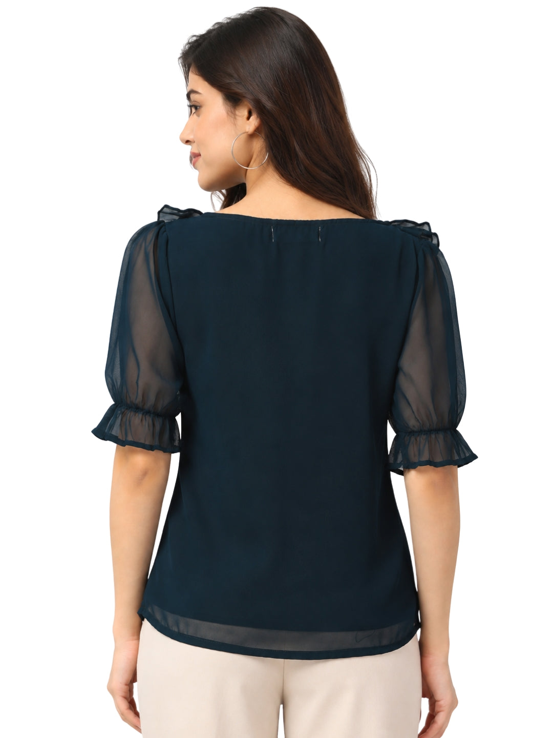 Women's Teal Blue Ruffled V-Neck Button-Down Blouse