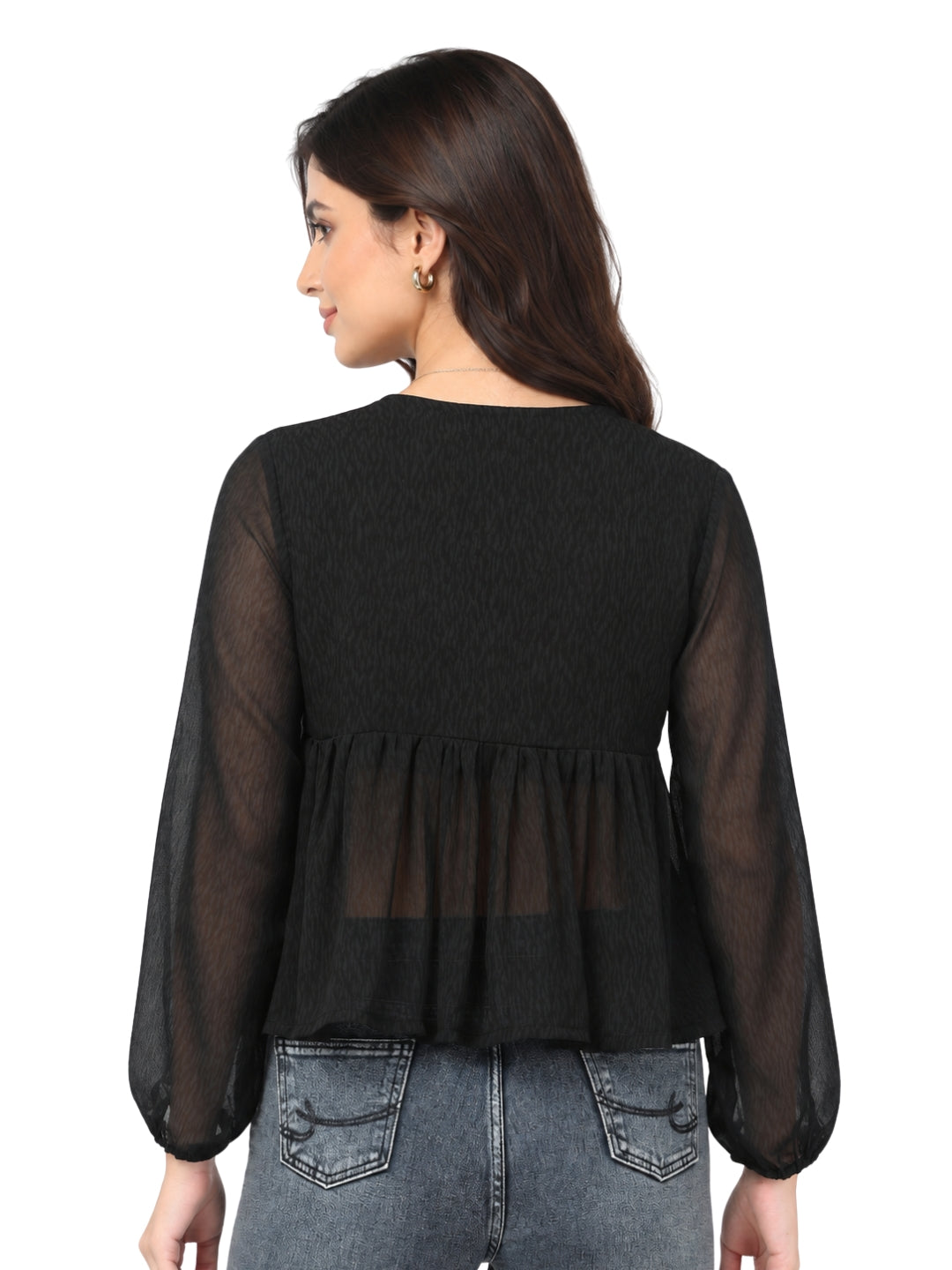 Living CO Women Charcoal Black Viscose Georgette V Neck Long Sleeves Stitched Flared Top