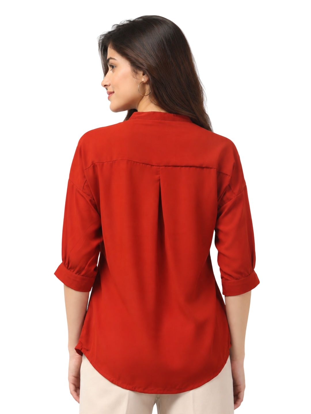 Living CO Women Rust Viscose Blend V Neck Three Quarter Sleeves Stitched Casual Top