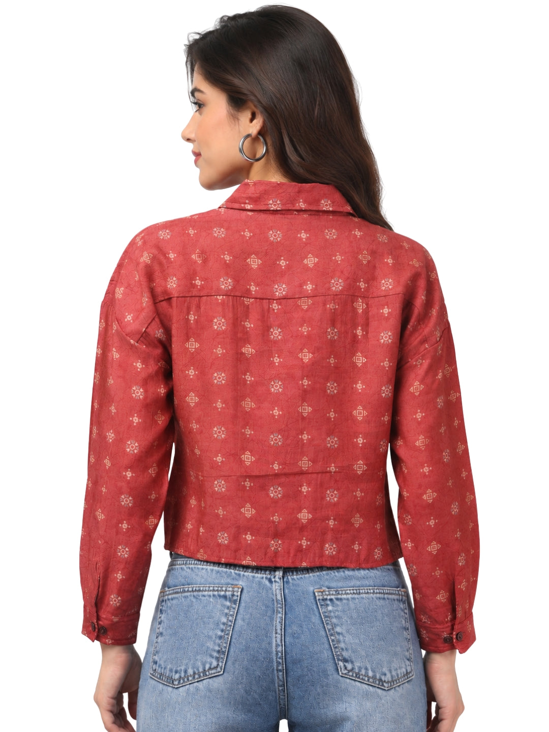 Women’s Red Printed Cropped Shirt | Full Sleeve Button-Down Top