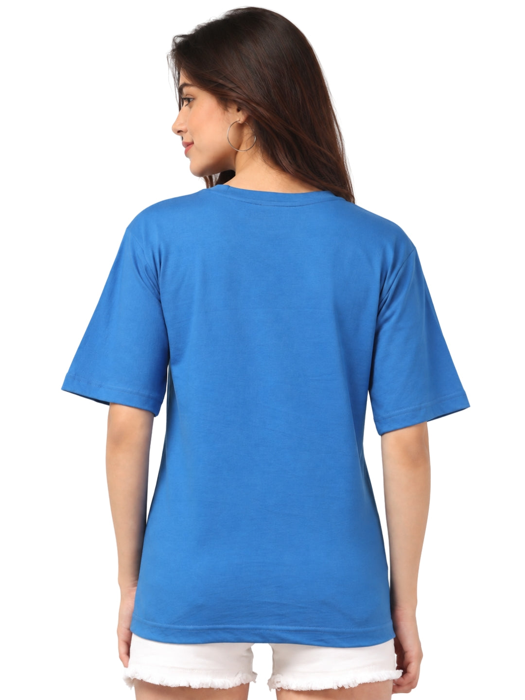 Living CO Women Blue Cotton Round Neck Half Sleeves Stitched Casual T Shirt