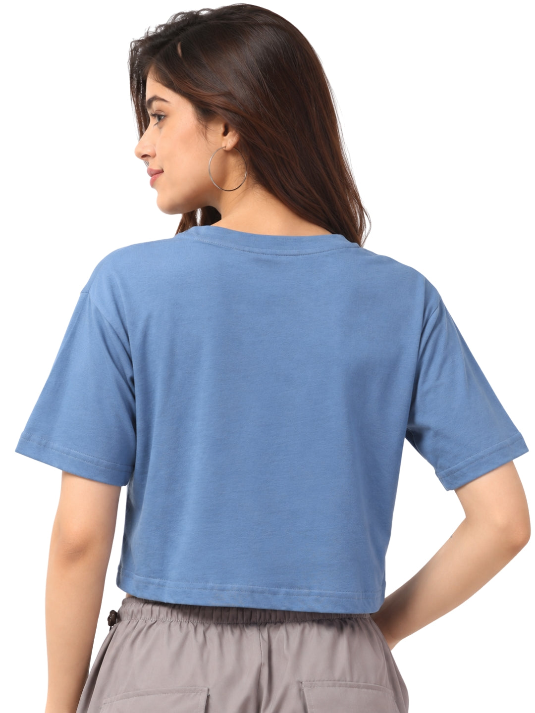 Women’s Light Blue Cotton Cropped T-Shirt with Crew Neck and Short Sleeves