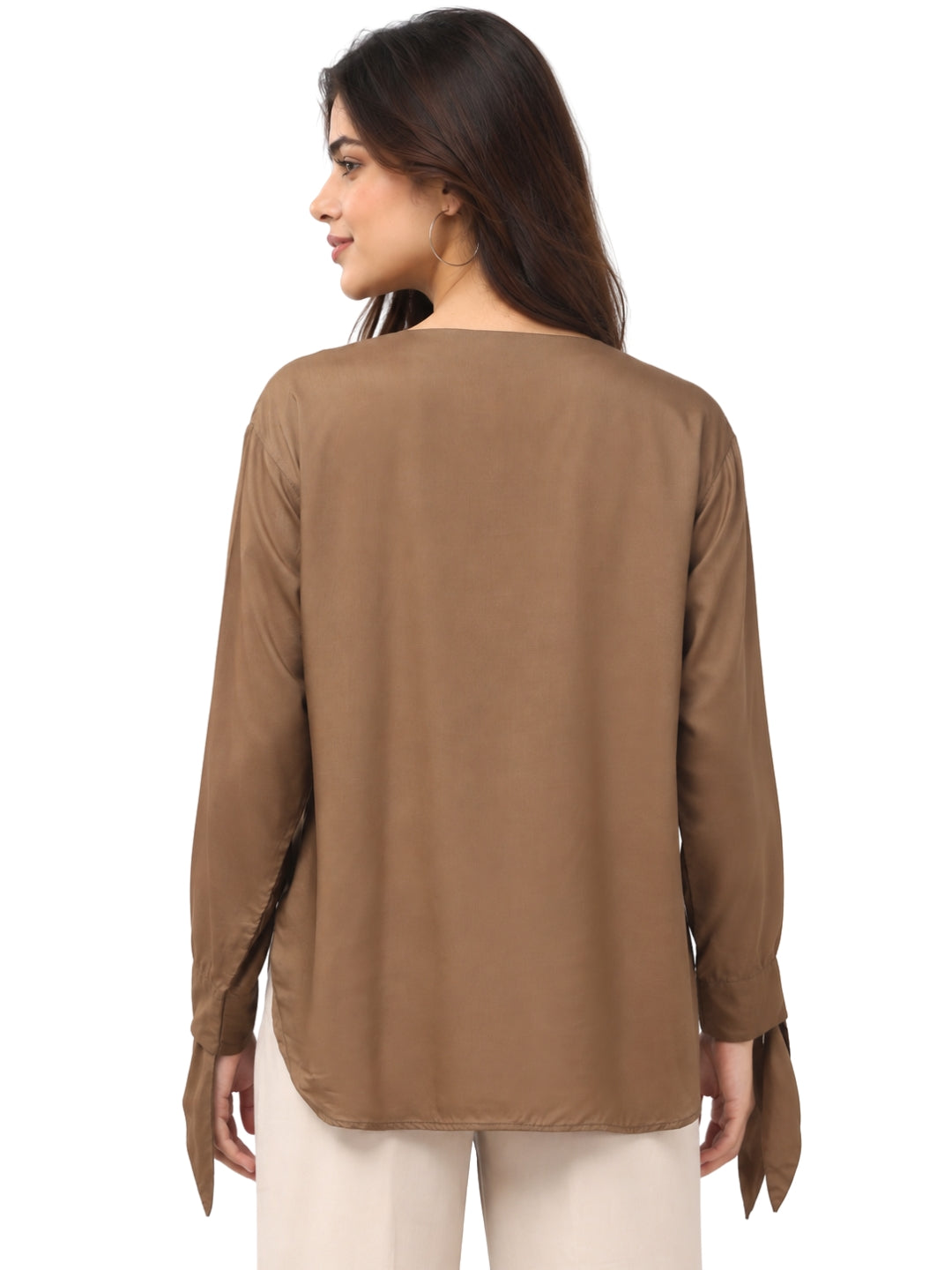 Women's Mocha Brown V-Neck Tunic Top with Tie-Up Cuffs