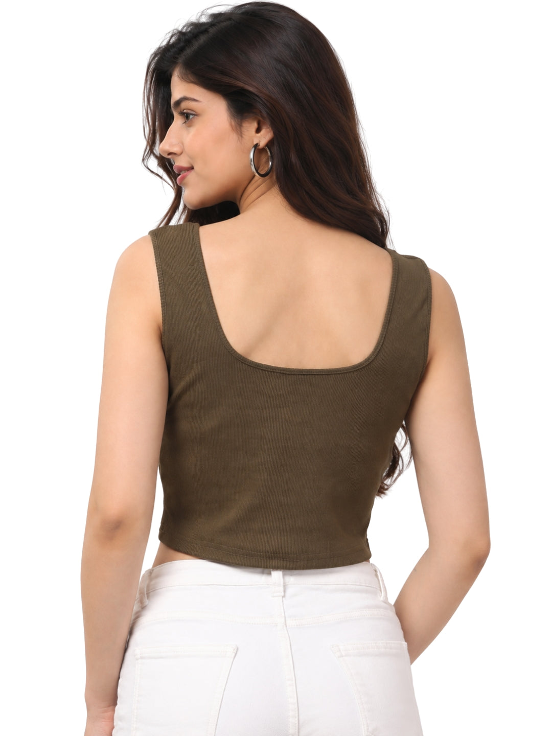 Women’s Olive Green Sleeveless Ribbed Scoop Neck Fitted Crop Top for Casual Wear