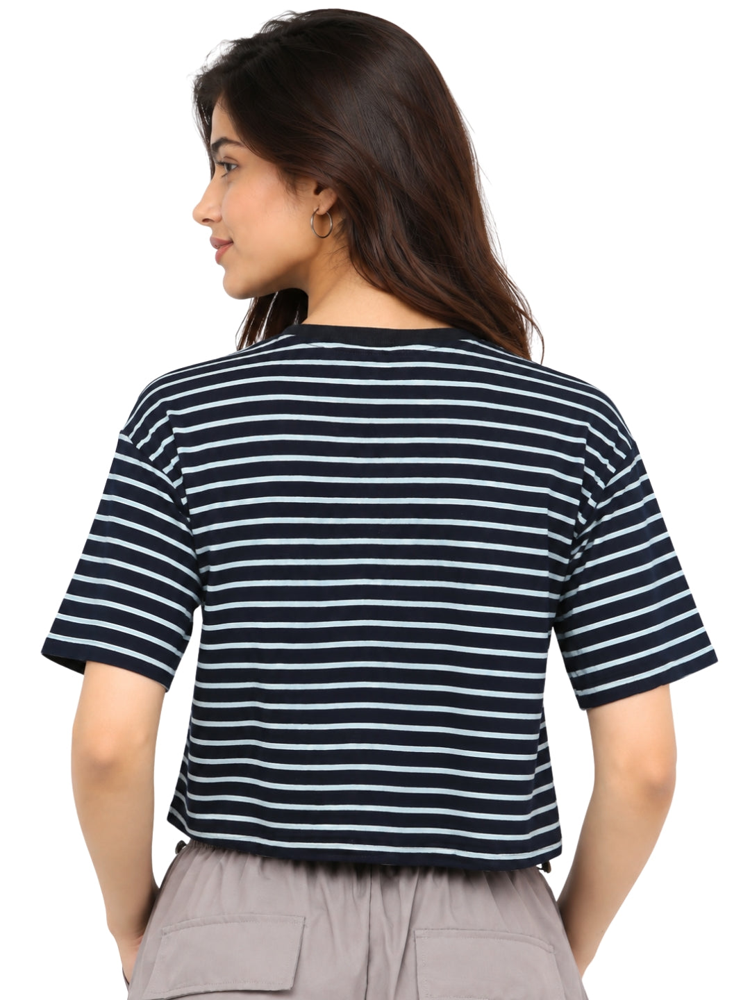 Women’s Navy Blue and White Striped Cotton Cropped T-Shirt with Crew Neck