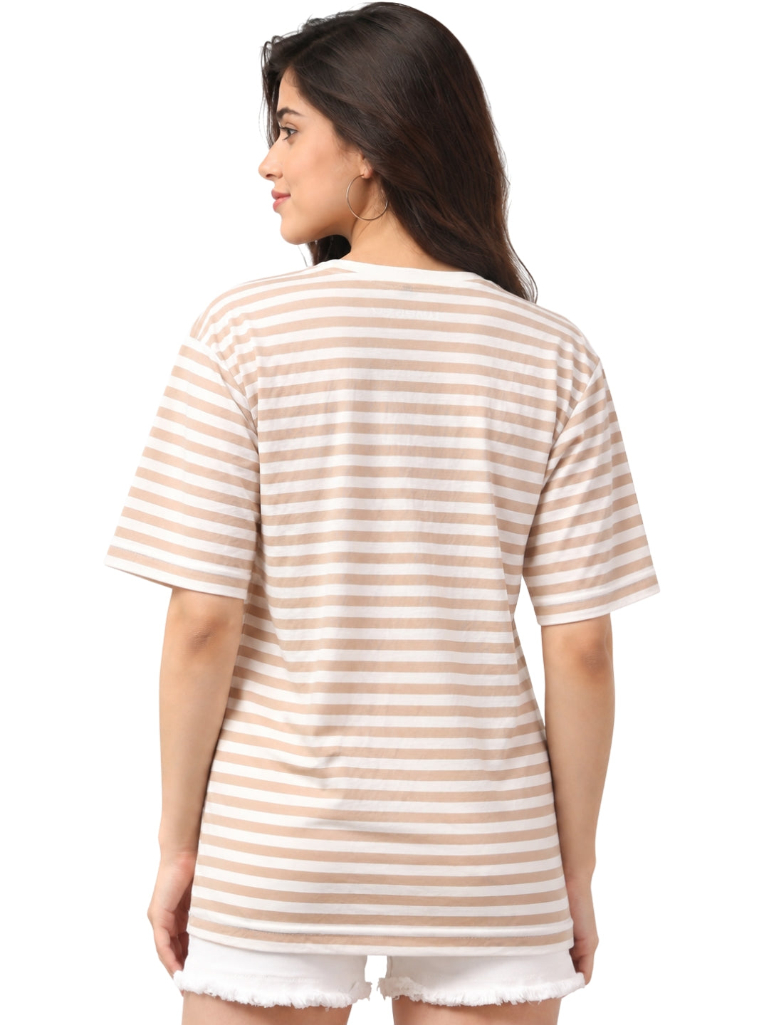 Women's Beige and White Striped Cotton Casual T-Shirt with Round Neck and Half Sleeves
