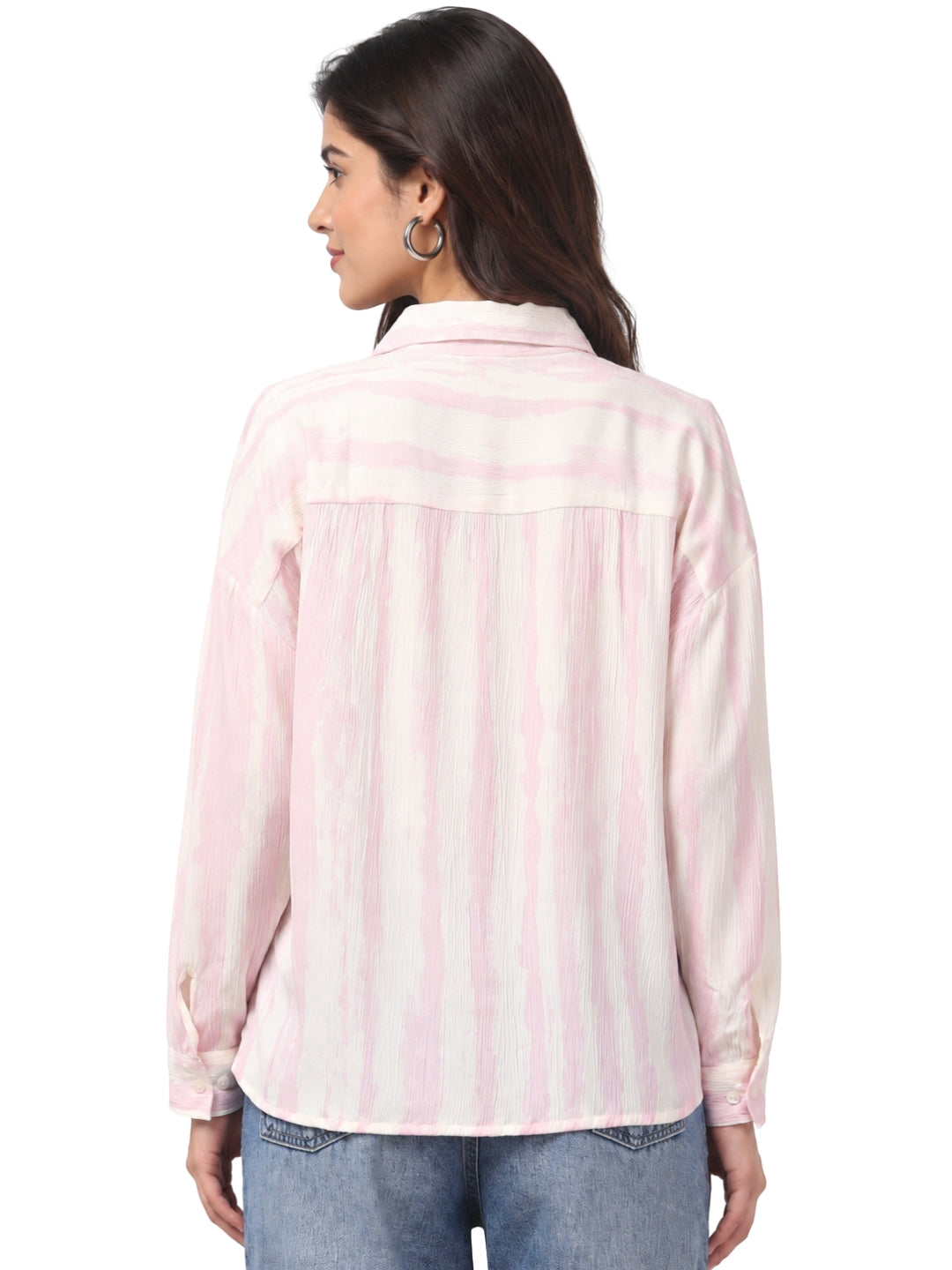 Soft Pink Textured Striped Shirt for Women