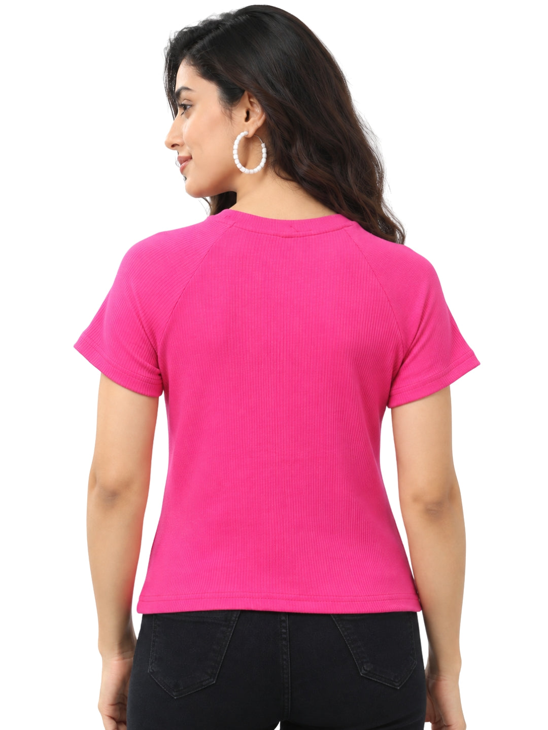 Living CO Women Dark Pink Ribbed Round Neck Short Sleeves Stitched Casual Top