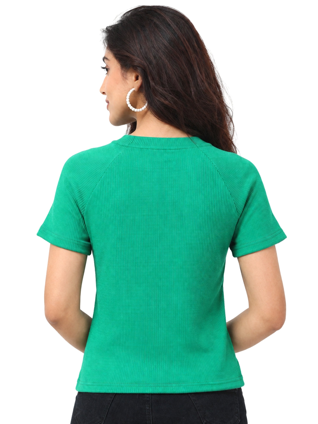 Living CO Women Teal Green Ribbed Round Neck Short Sleeves Stitched Casual Top