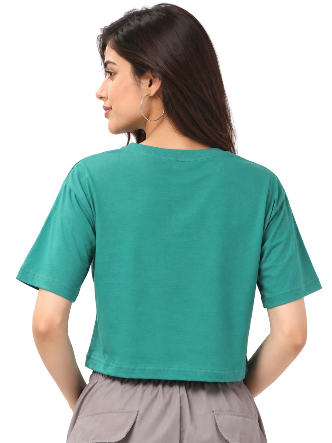 Living CO Women Teal Green Cotton Single Jersey Round Neck Short Sleeves Stitched Crop T-Shirt