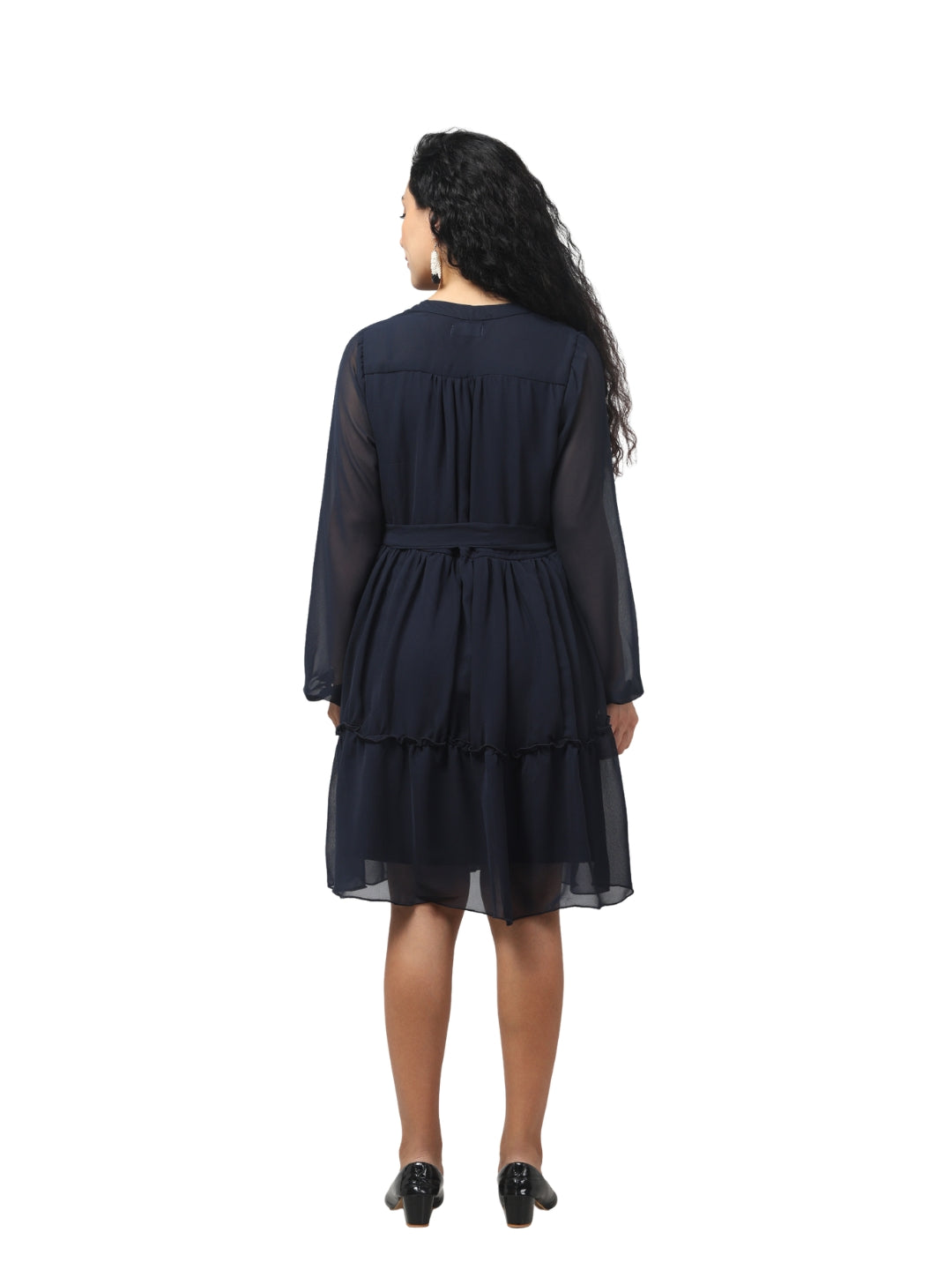 Living CO Women Black Georgette V Neck Long Bell Sleeves Tiered Stitched Knee Length Dress