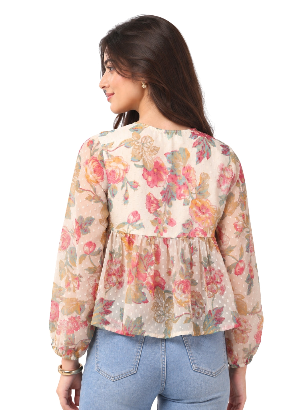 Living CO Women Beige Floral Viscose Chiffon Georgette V Neck Ruffled Peplum Top